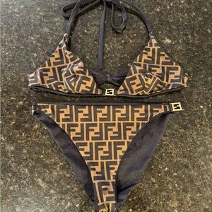 Fendi Black and Brown Logo Bikini